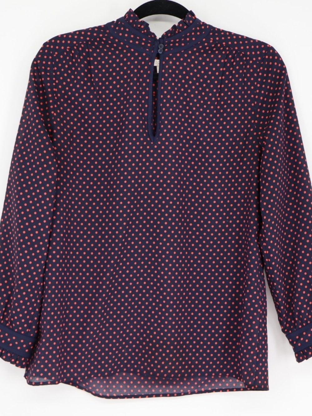 J. Crew Women’s Navy Polka Dot Long-Sleeve Blouse Size 6 Ruffle Keyhole Neck